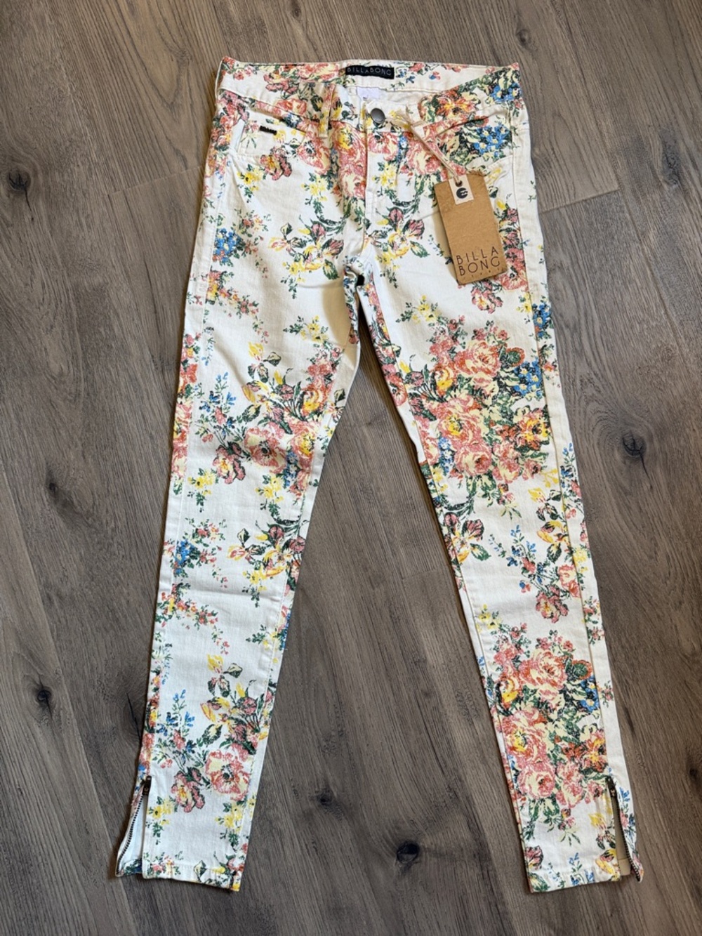 Billabong Cream Floral Skinny Jeans with Pink & Blue Blooms